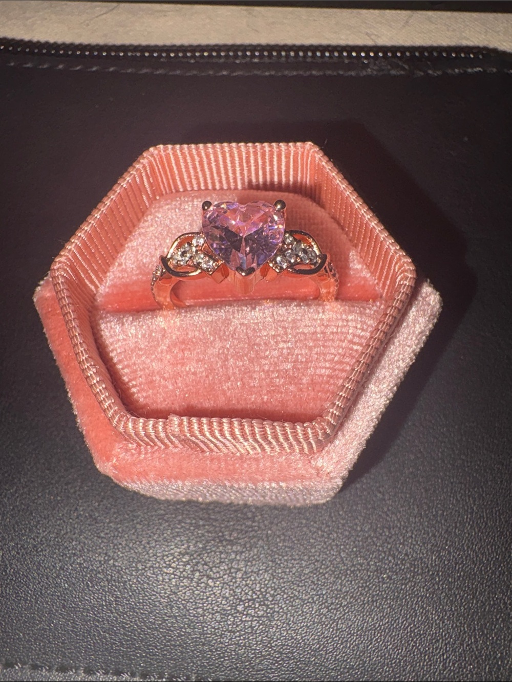 Rose Gold tone Heart-Cut Pink Crystal Ring with Accent Stones-Size 7
